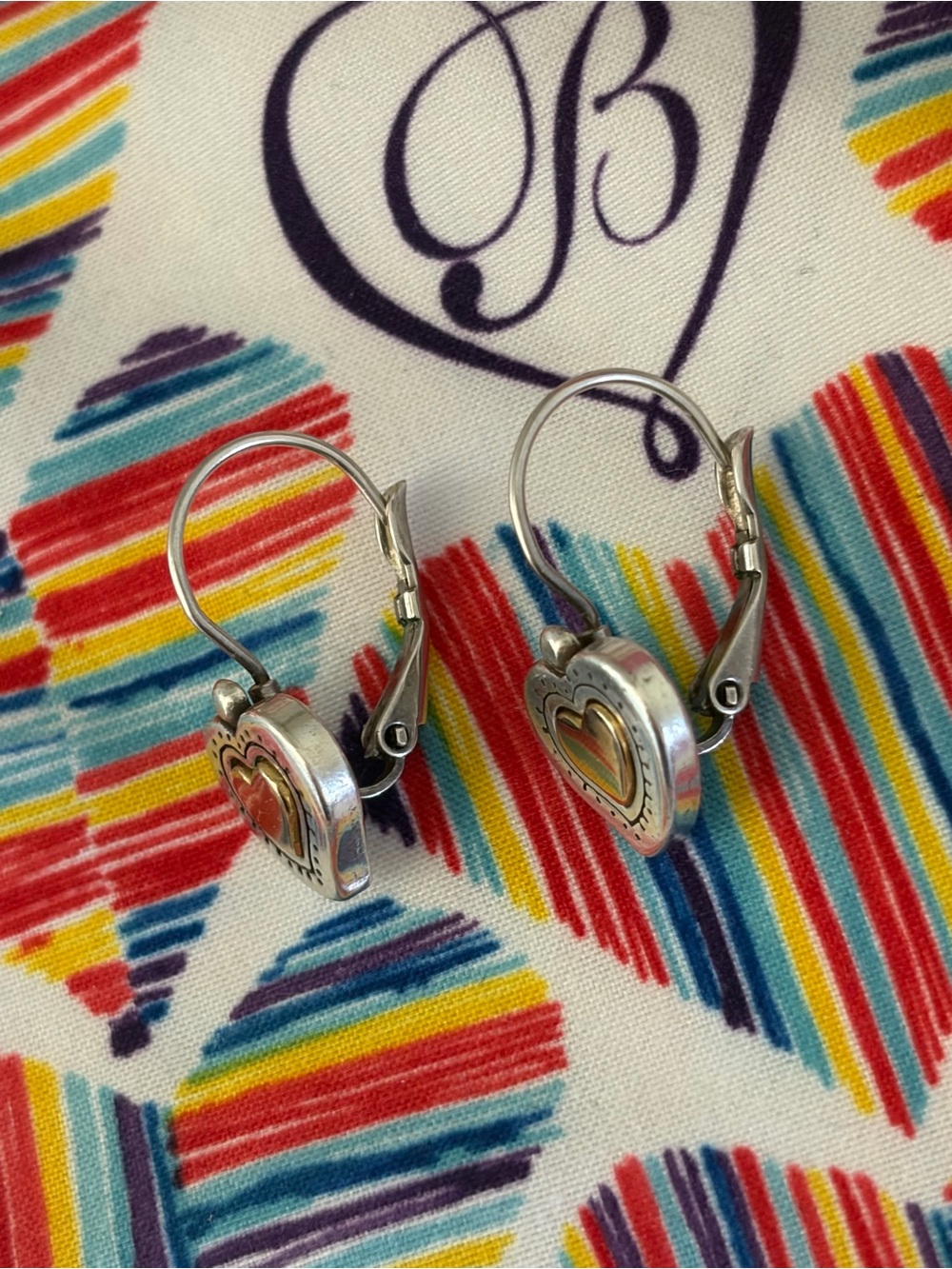Brighton RENDEZVOUS Heart Leverback Silver Gold Earrings *RETIRED* + Bag & Tin - Picture 5 of 7